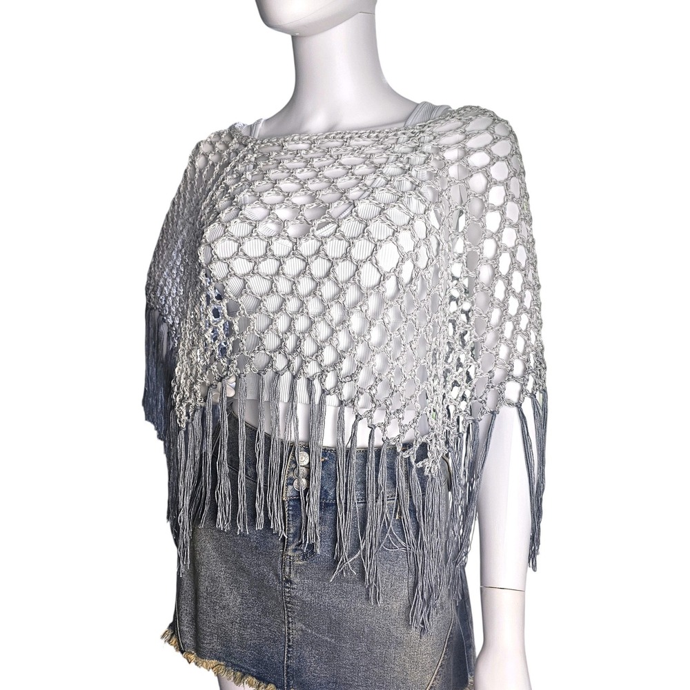 Handmade Crochet Shawl Women Gray Ombre Fringe Cotton Boho Poncho - Picture 9 of 10
